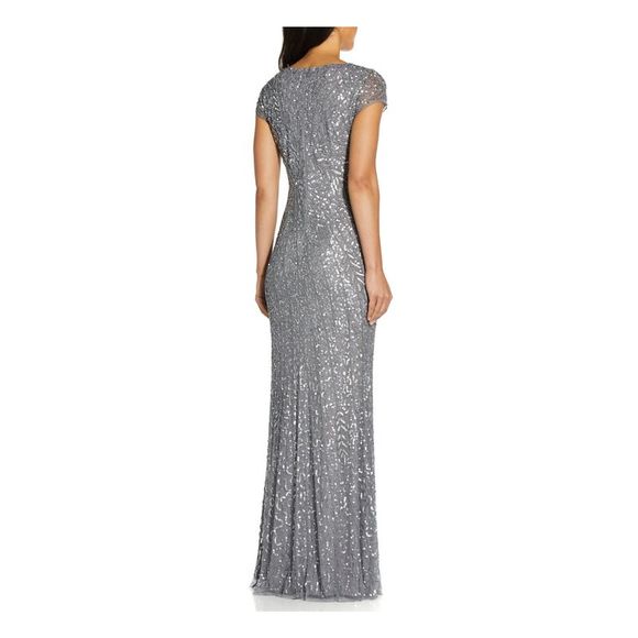 ADRIANNA PAPELL Womens Gray Cap Sleeve V Neck Full-Length Formal Mermaid Dress 4 - Picture 2 of 4